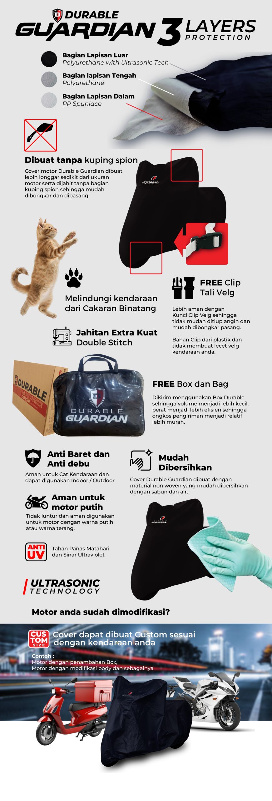 Bike Cover Durable Guardian hadir dengan teknologi ultrasonic dalam pembuatannya. Digabung dengan material berkualitas tinggi, hasilnya adalah cover motor waterproof yang berkualitas tinggi.