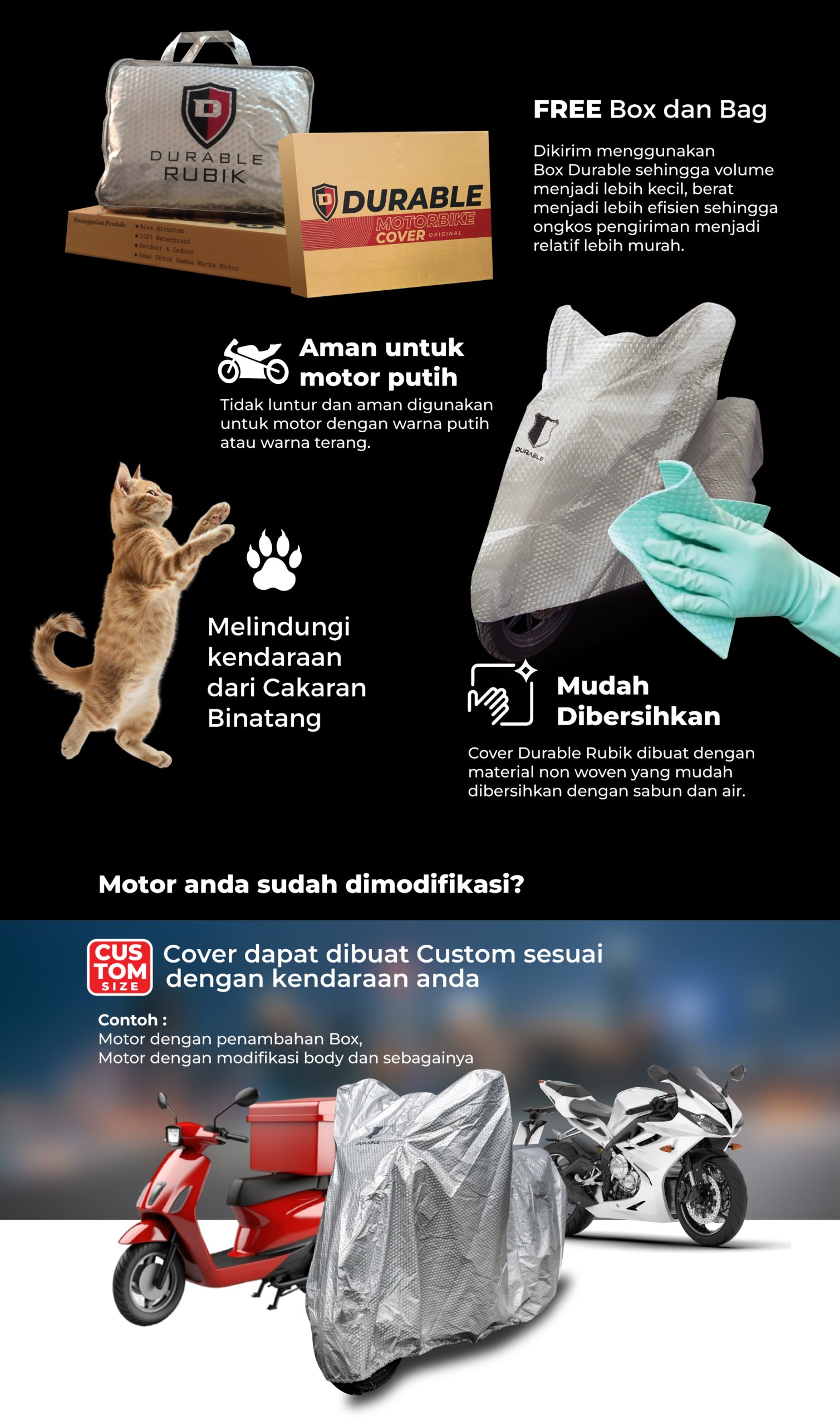 Bike Cover Durable Rubik dapat melindungi motor Anda dari cakaran binatang dan aman untuk motor putih.