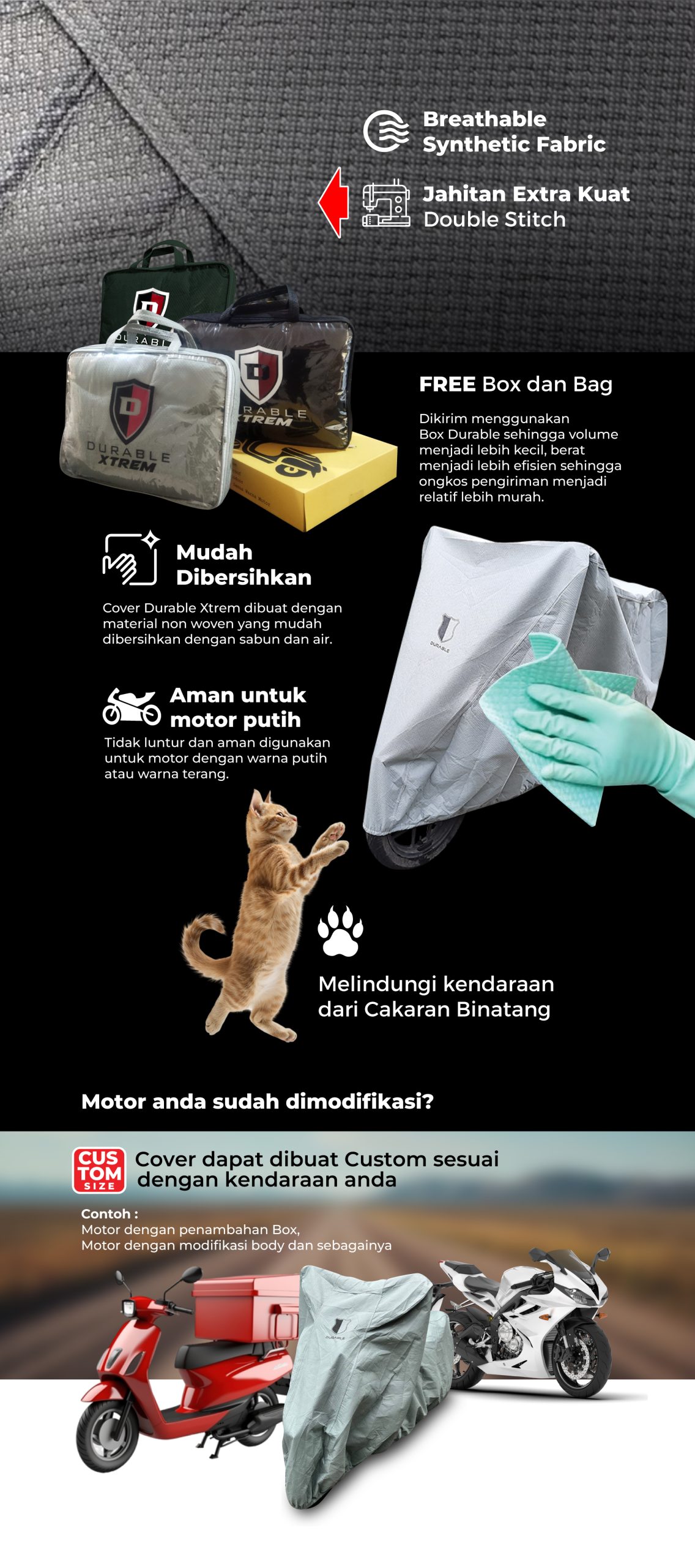 Bike Cover Durable xtrem mudah dibersihkan dan aman untuk motor putih.