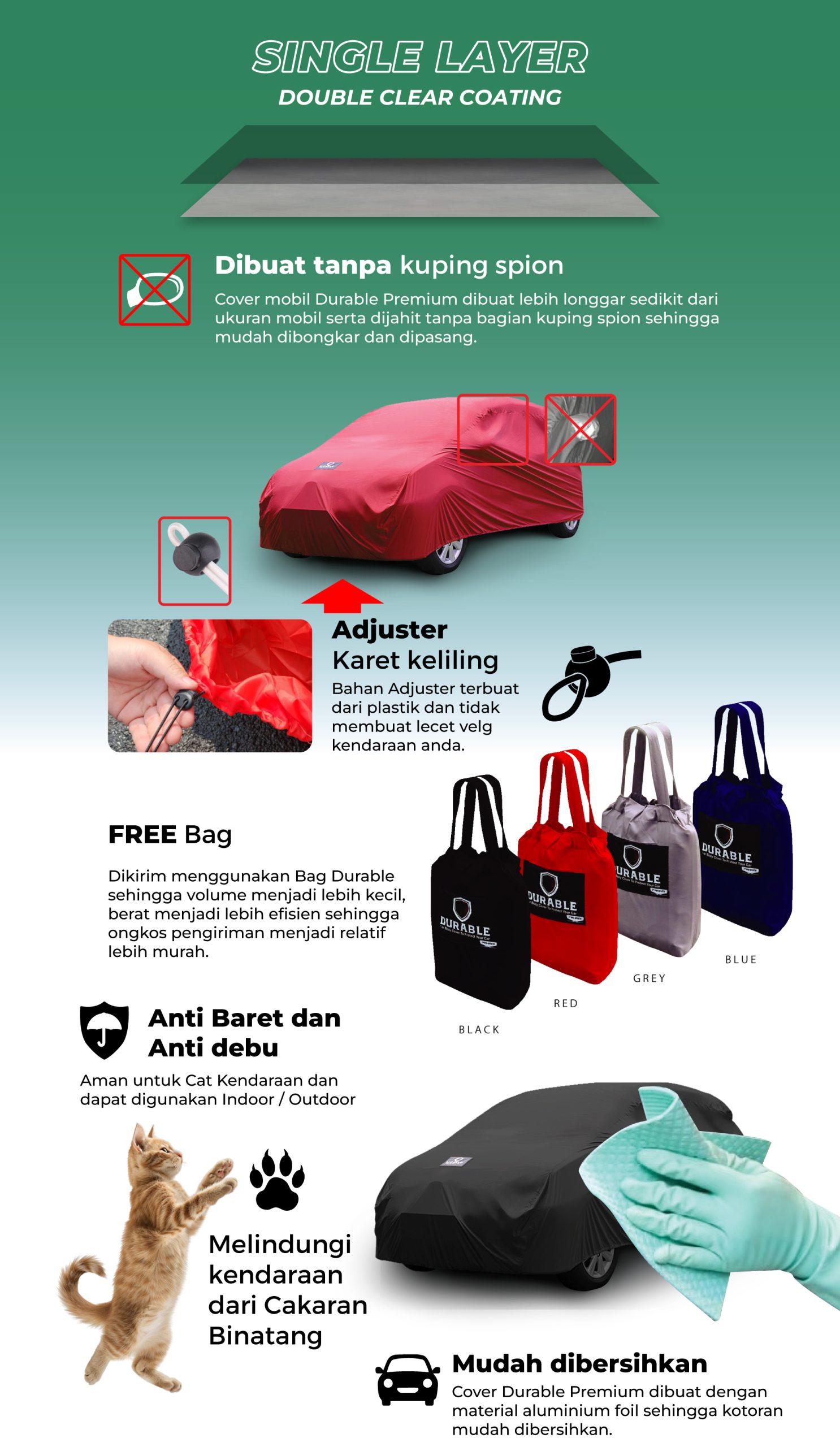 Car Cover Durable Premium dibuat menggunakan double layer clear coating. Car Cover Durable Premium juga anti baret dan debu, dan mudah dibersihkan.